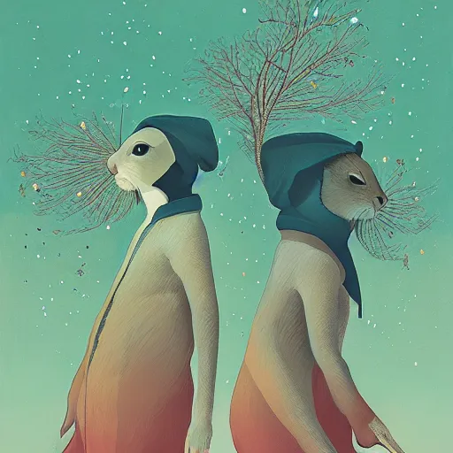 Prompt: two squirrels on the prowl oil painting victo ngai