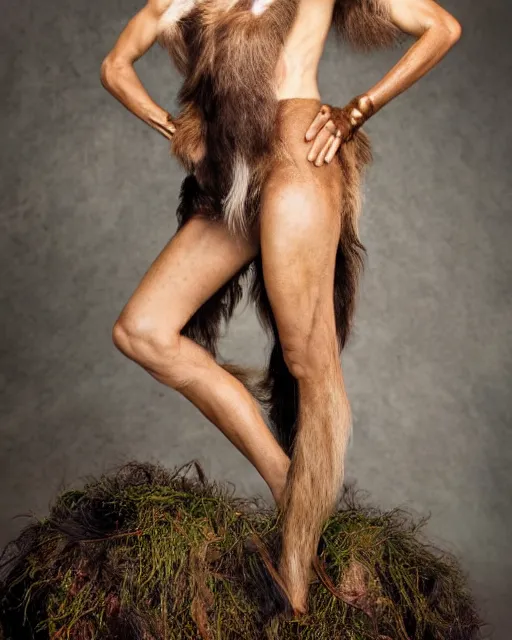 Prompt: Juliana Awada in Elaborate Pan Satyr Goat Man Makeup and prosthetics designed by Rick Baker, Hyperreal, Head Shots Photographed in the Style of Annie Leibovitz, Studio Lighting