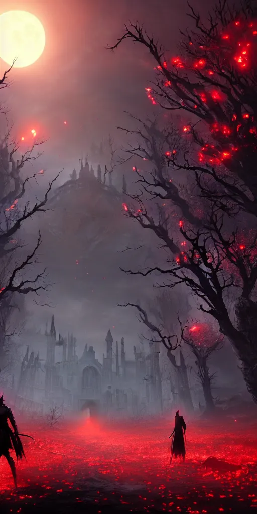 Image similar to abandoned bloodborne old valley with a person at the centre and a ruined city at the end, trees and stars in the background, falling red petals, epic red - orange moonlight, perfect lightning, illustration by niko delort and kentaro miura, 4 k, ultra realistic