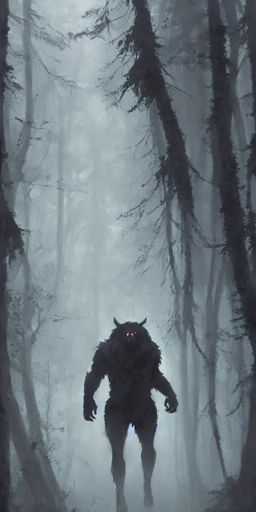 Image similar to a painting of a big werewolf in a foggy dense forest by greg rutkowski, dark fantasy art, high detail, trending on artstation
