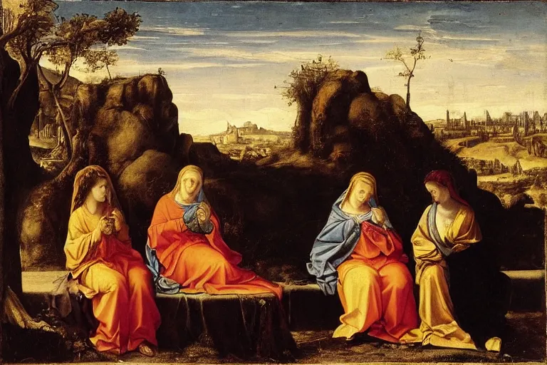 Prompt: the three marys mourning at the sepulchre, alessandro allori