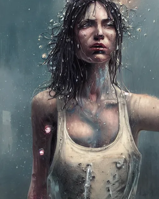 Prompt: punk woman, soft eyes and narrow chin, dainty figure, long hair straight down, torn overalls, nebula background, side boob, blows smoke, wet shirt, wet, raining, highly detailed face, realistic face, beautiful detailed eyes, fantasy art, in the style of greg rutkowski, illustration, epic, fantasy, intricate, hyper detailed, artstation, concept art, smooth, sharp focus, ray tracing, vibrant,