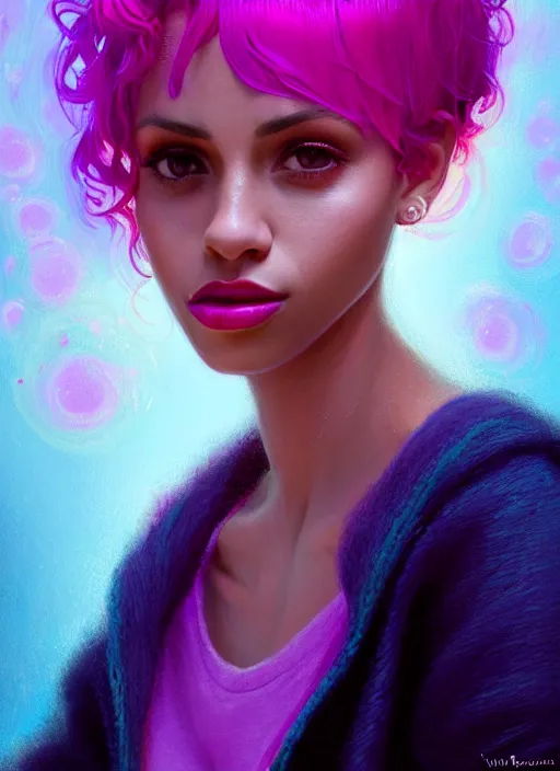 Image similar to portrait of vanessa morgan with bright pink hair, curly pixie cut hair, wearing a purple breton cap, breton cap, hoop earrings, intricate, elegant, glowing lights, highly detailed, digital painting, artstation, concept art, smooth, sharp focus, illustration, art by wlop, mars ravelo and greg rutkowski