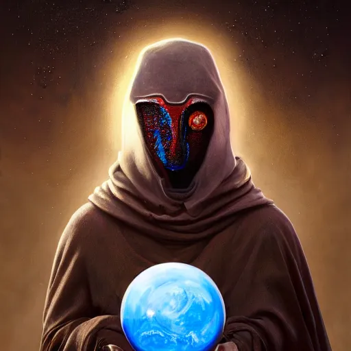 Image similar to masked nomad male wearing a cloak on an alien world and holding a holographic planet projection in his hand, detailed, sci - fi, digital painting, artstation, sharp focus, illustration, ominous, artgerm, tomasz alen kopera, peter mohrbacher, donato giancola, joseph christian leyendecker, wlop, frank frazetta