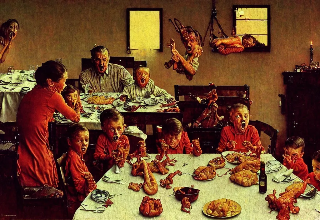 Prompt: A Norman Rockwell painting of a family losing their grip on reality during a Christmas dinner, by Zdzisław Beksiński, horror, cosmic horror, cinematic, 8k