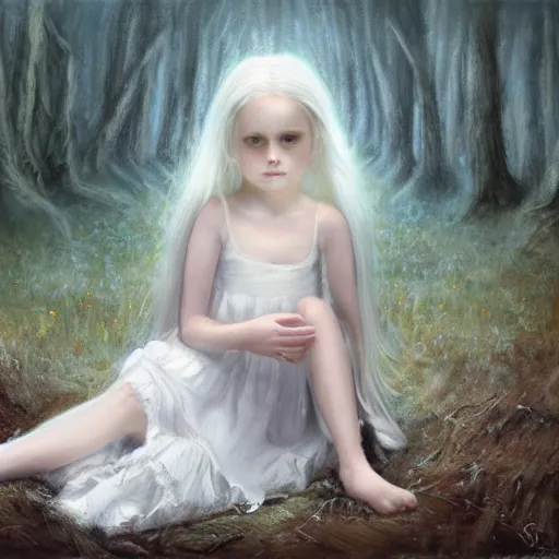 Image similar to a painting of a beautiful little girl in a white dress, white hair, bare foot, in the middle of a strange forest by Seb McKinnon