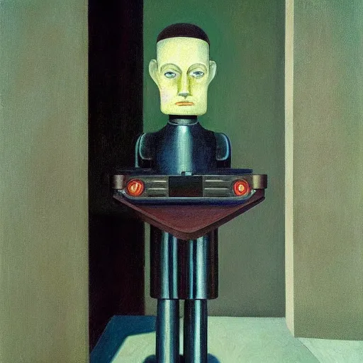 Image similar to super - intelligent robot with kind eyes portrait, grant wood, pj crook, edward hopper, oil on canvas