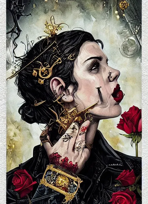 Image similar to tarot card :: horror :: vampires and draculas :: hearts and roses :: gold and silver :: guns and swords :: side profile :: highly details :: intricate details :: Sandra Chevrier and bastien lecouffe deharme