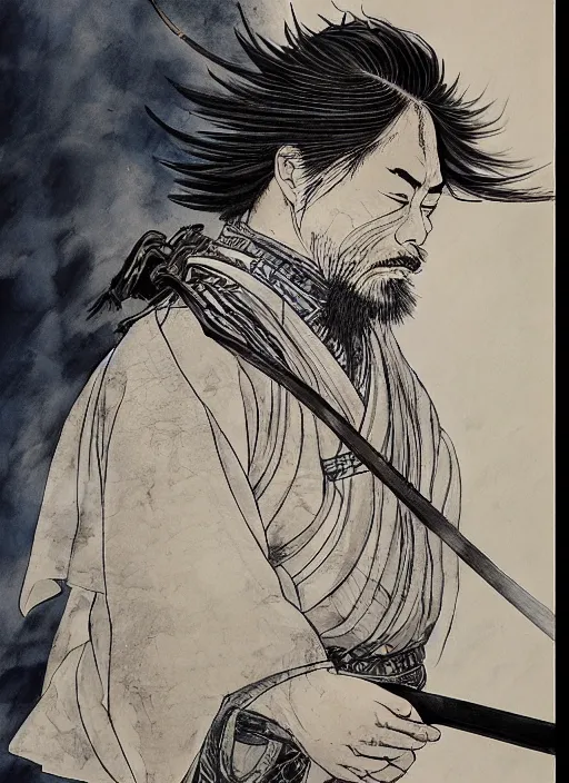 Image similar to portrait of a samurai, by joseph michael lisner, takehiko inoue and kim jung gi and hiroya oku, masterpiece ink illustration,