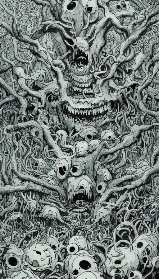 Image similar to a storm vortex made of many demonic eyes and teeth over a forest, by james jean