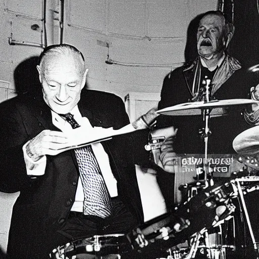 Image similar to buzz aldrin playing the drums while Lenin reads from a bible in a downtown New York jazz club in the late 1950's. etching