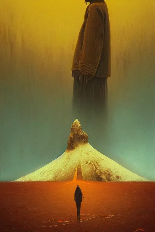 Image similar to a painting of a person standing in the snow, a surrealist painting by zdzisław beksinski and by alena aenami, deviantart, nuclear art, dystopian art, apocalypse landscape, surrealist