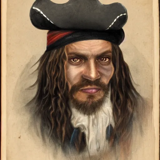 Image similar to Portrait of a young pirate, growling into the camera. Dark hair under pirate hat. Detailed face.