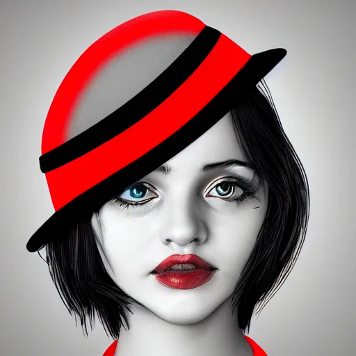 Prompt: highly detailed, cute and mystery teenage girl in a tall black top hat with red strip, profile face, digital art, gray scale