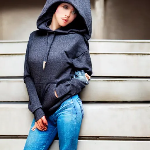 Image similar to raven haired seductive supermodel with stunning light eyes with a beautiful face, fair soft skin, wearing a hoodie, hands in pockets of tight jeans