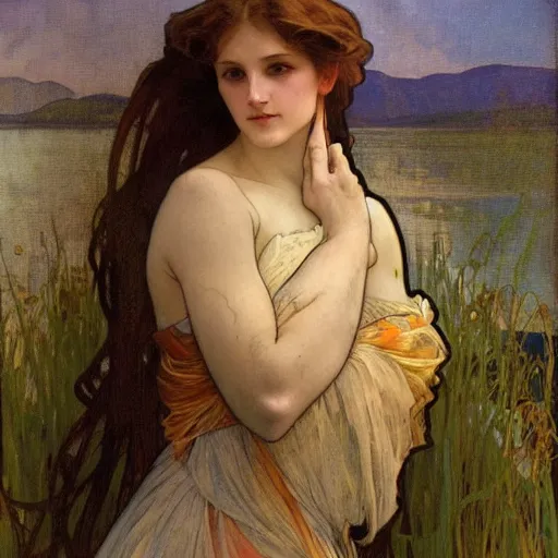 Image similar to tempera composed by alphonse mucha, by meredith marsone, by alexandre cabanel. the sculpture of two lakes in connecticut, with mountains in the distance.