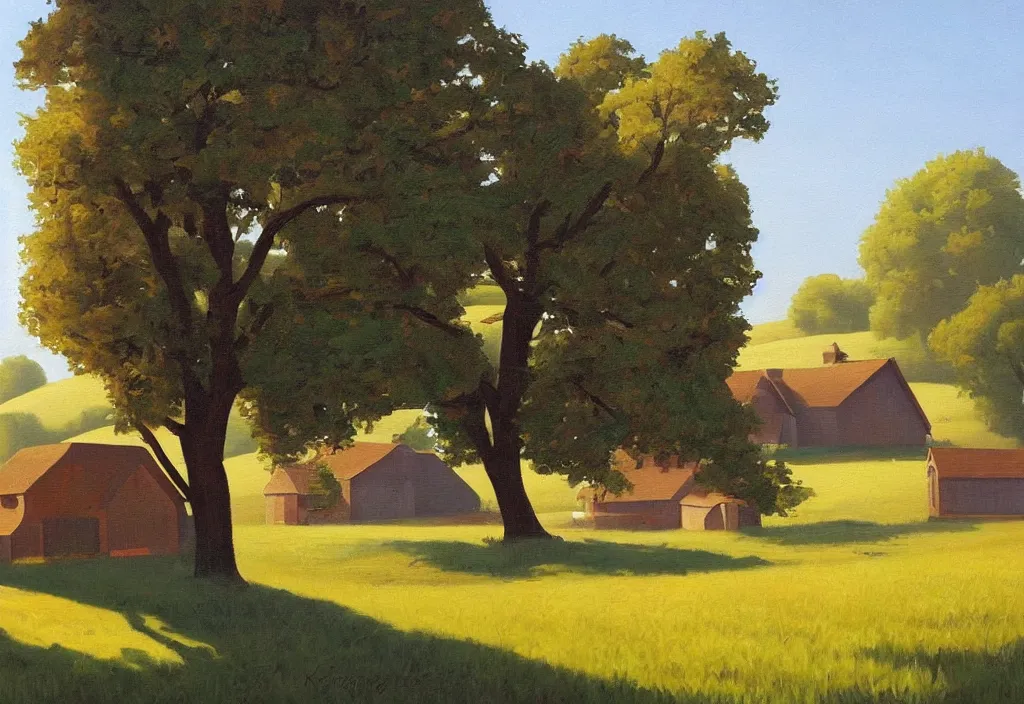 Prompt: a landscape painting of an old farm house in the countryside, summer, painting by kenton nelson, early morning light