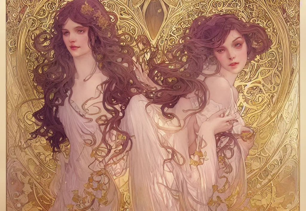 Image similar to angel, highly detailed, very intricate, art nouveau, gold filigree, romantic storybook fantasy, soft cinematic lighting, award - winning, disney concept art watercolor illustration by mandy jurgens and alphonse mucha and alena aenami, pastel color palette, featured on artstation