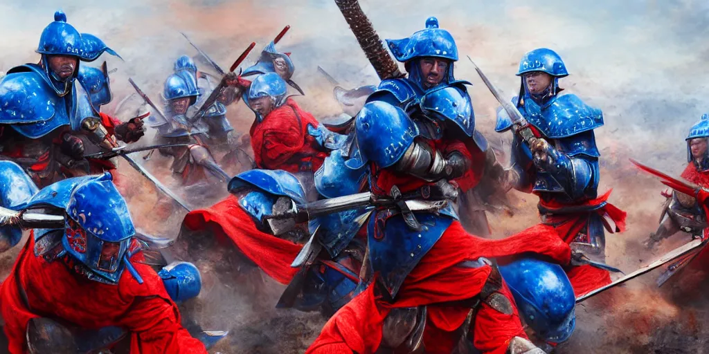 Prompt: mid action shot cinematic artwork of warriors in blue armor fighting warriors wearing red Chinese armor on the battlefield by greg rutowski, masterpiece, 4k