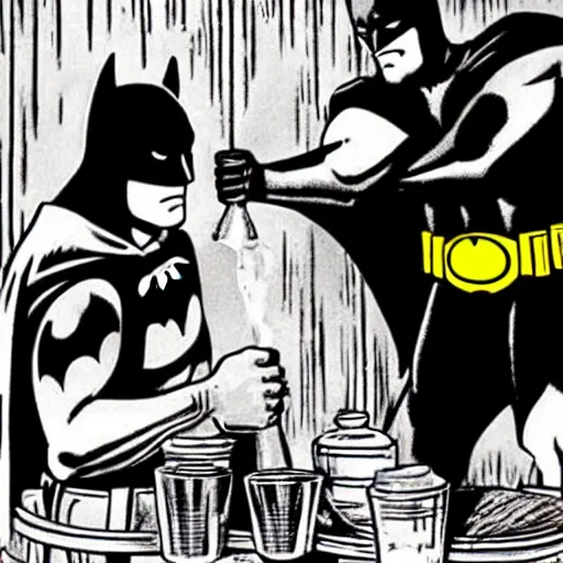 Prompt: photo of batman pouring a pint for a horse aggressively