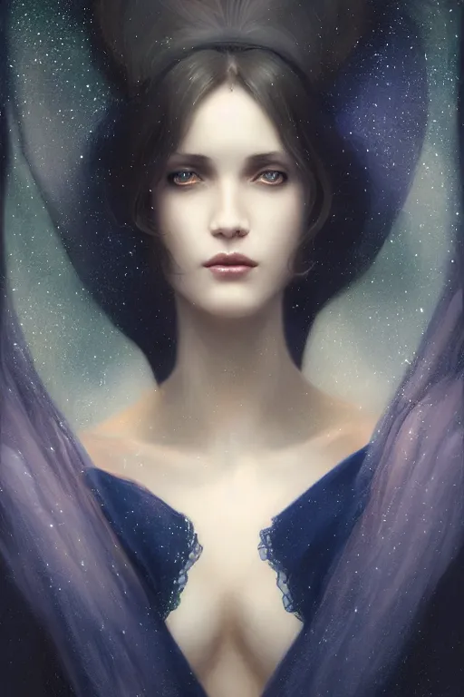 Image similar to Nocturne, glowing, stars, a long-legged elegant evil woman, highly detailed, mysterious, ethereal, dressed in midnight blue velvet, haute couture, illustration, dramatic lighting, soft details, painting, by Edmund Blair Leighton, Brom, Charlie Bowater, trending on artstation, faces by Tom Bagshaw, otto schmidt