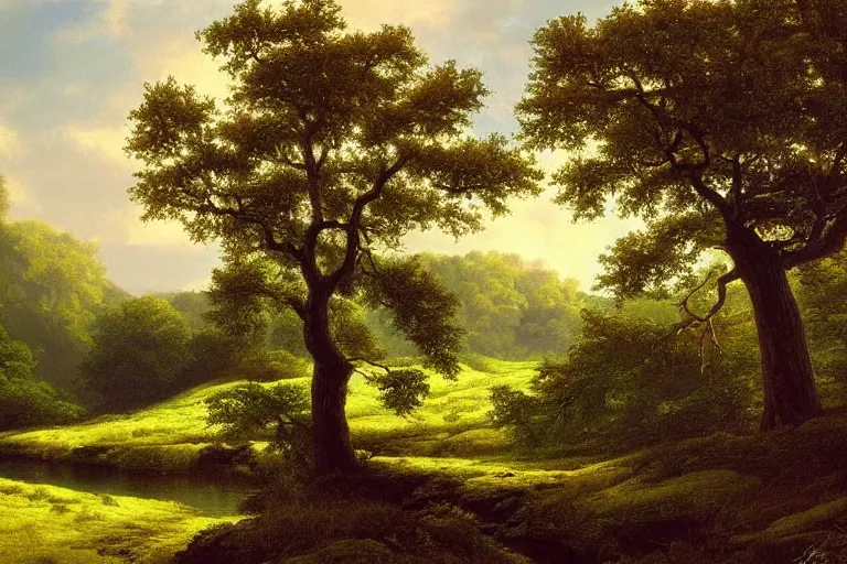 Image similar to masterpiece painting of oak trees on a hillside overlooking a creek, dramatic lighting, by cliff childs