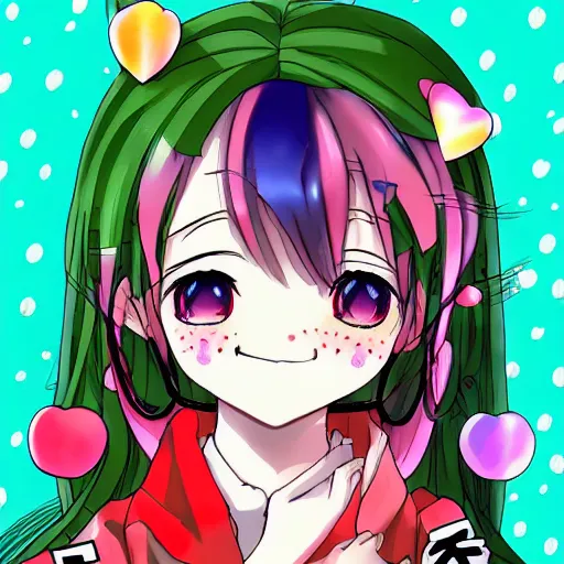 Image similar to digital 2 d, illustration, anime & manga, stylized, anime, colorful, smile, kawaii, decora, harajuku, grills, teeth, jewelry, bandaid, bandage, green hair, freckles, nails, nail art, fashion, stylish, rainbow