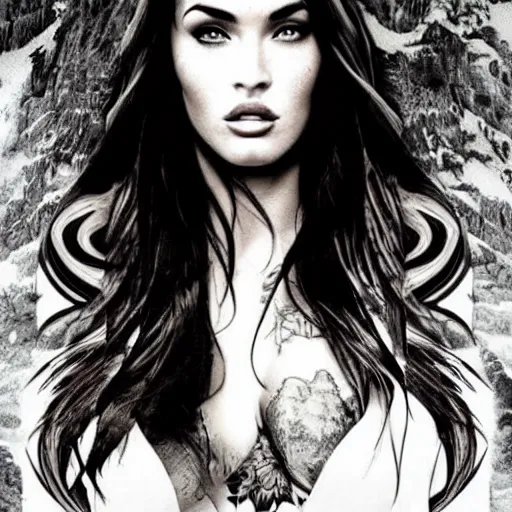 Image similar to tattoo design sketch with double exposure effect, megan fox face faded with beautiful mountain scenery, in the style of matteo pasqualin, amazing detail, mash up