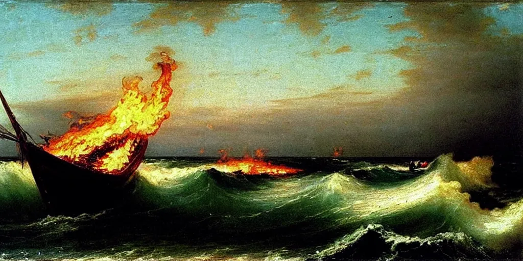 Prompt: “ ( ( ( ( ( boat on fire in rough ocean waves ) ) ) ) ) painted by john frederick kensett!!!!!!!!!! ”