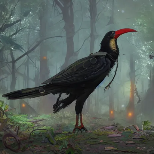 Image similar to concept art painting of an anthropomorphic crow person with steampunk clothes, in the deep forest, realistic, detailed, cel shaded, in the style of makoto shinkai and greg rutkowski and james gurney