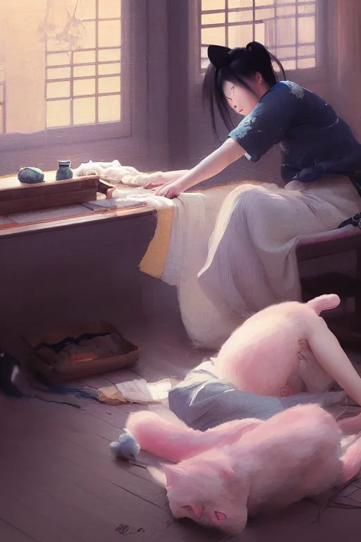 Image similar to japanese woman sewing on floor while a cat napping behind her, dim light, extremely detailed digital painting, in the style of fenghua zhong and ruan jia and jeremy lipking and peter mohrbacher, mystical colors, rim light, beautiful lighting, 8 k, stunning scene, raytracing, octane, trending on artstation