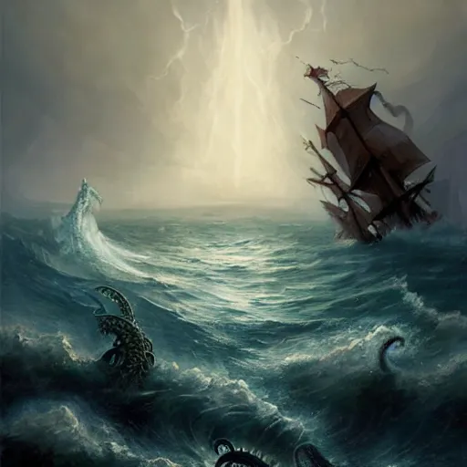 Image similar to A kraken-sea-monster emerging from the stormy ocean depths attacking a 17th century Ship-of-the-line, atmospheric, dramatic, concept art by Peter Mohrbacher