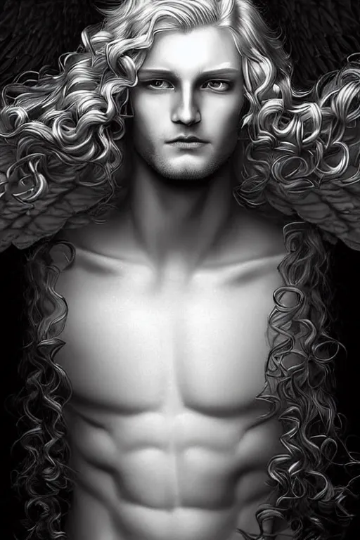 Image similar to digital art of a pale menacing male Cyborg Angel of Battle with fluffy blond curls of hair and piercing eyes, ascending to godhood blessed by the sun, bathed in scintillating radiance, johan liebert mixed with Dante, central composition, he commands the fiery power of resonance and wrath, very very long blond curly hair, baroque curls, by WLOP, Artstation, CGsociety