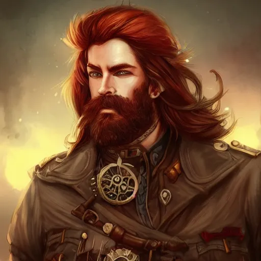 Image similar to rugged ship captain, male, handsome, red hair, long hair, handsome, fantasy, intricate, elegant, highly detailed, piercing eyes, steampunk, digital painting, artstation, concept art, character art, smooth, sharp focus, illustration, art by artgerm