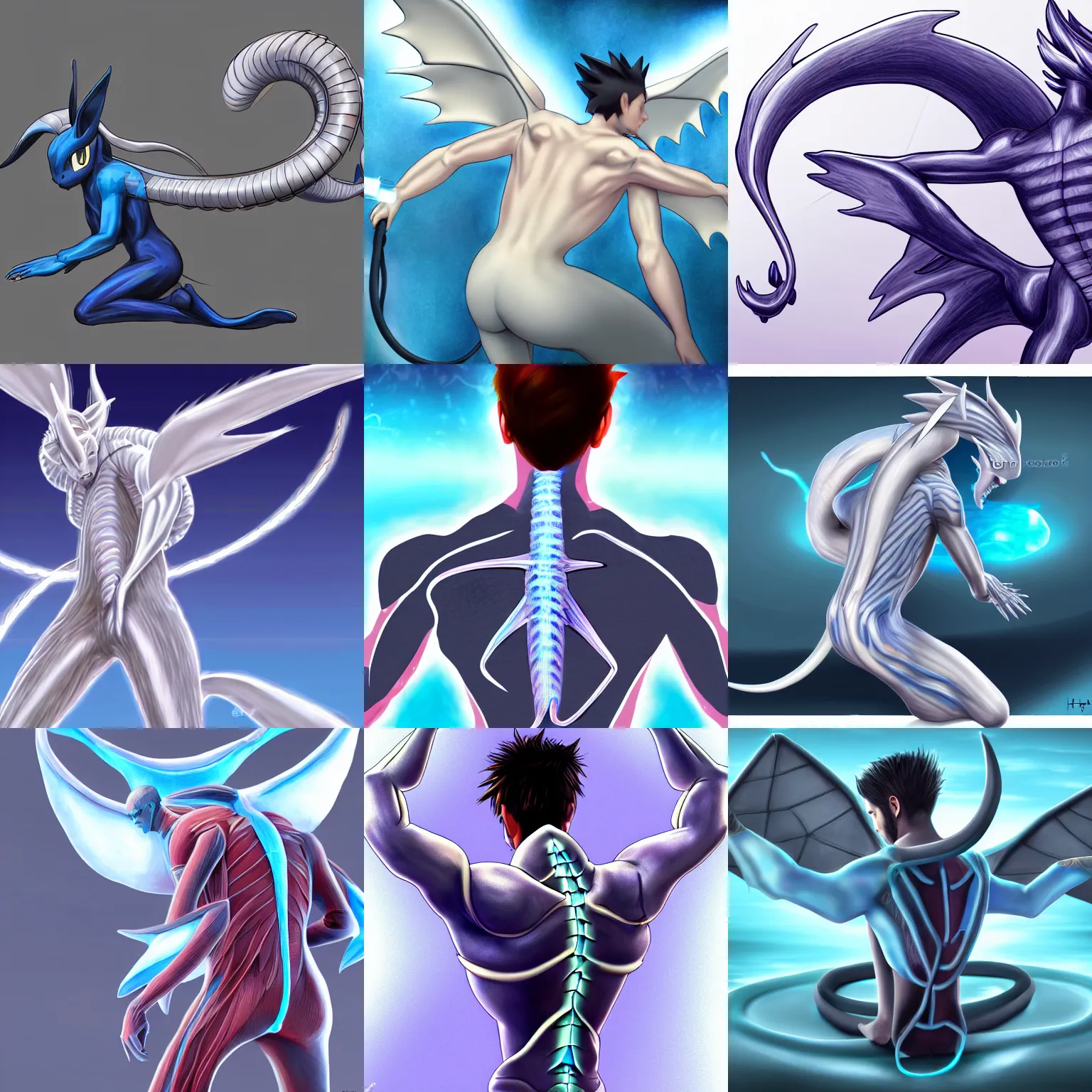 Prompt: human man with the tail of the pokemon dragonair attached to his whole spine, futuristic, electrical, back - shot, high tech, digital art, anatomy, 4 k hd, very detailed, drawing