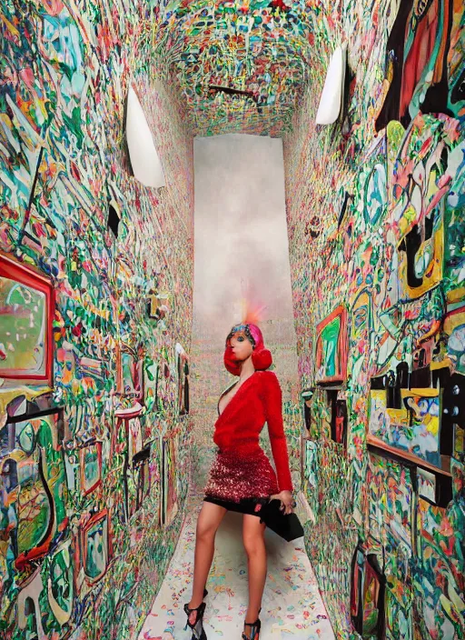 Image similar to a beautiful girl in a gucci x yeezy collab outfit is creating a new city, mini magic city, hidden doors, magical details, high detail, 8 k, perfect faces, photographed by maurizio cattelan and pierpaolo ferrari with the art direction of micol talso for toiletpaper creative magazine