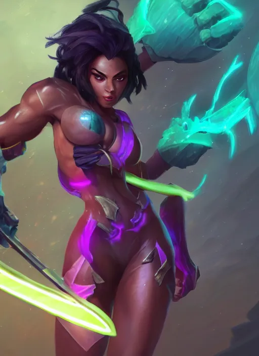 Image similar to senna from league of legends, au naturel, holding a giant weapon, with abs, brown skin, glowing green neon eyes, digital art, trending in artstation, cinematic lighting, studio quality, smooth render, unreal engine 5 rendered, octane rendered, art style by klimt and nixeu and ian sprigger and wlop and krenz cushart