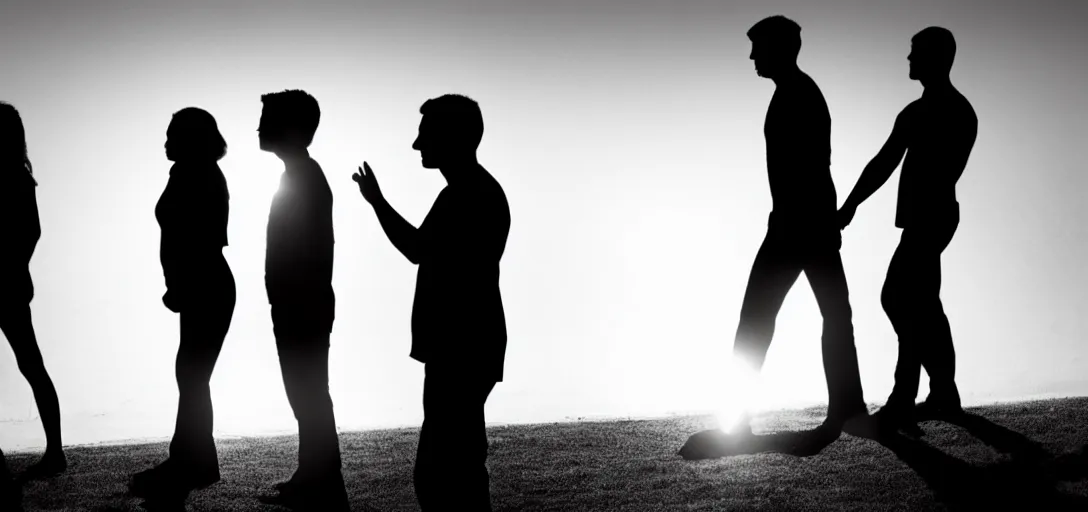 Prompt: multiple sensual silhouettes interacting, long shadows, on white