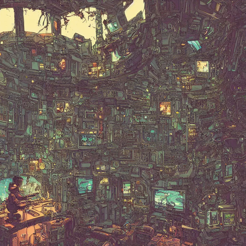 Prompt: Stunningly intricate illustration of a cyberpunk explorer playing video games in his treehouse, highly detailed, midnight, by Laurie Greasley,James Gilleard and Moebius,