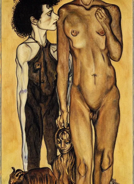 Image similar to boy, girl and a goat, by austin osman spare, high resolution