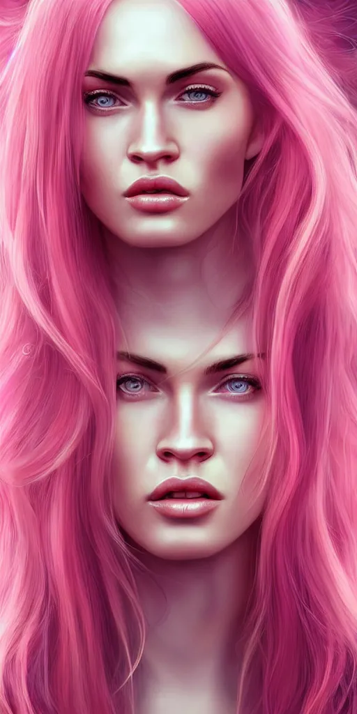 Image similar to Portrait of a beautiful pale skin Nordic female megan fox with long pink hair, elegant, photorealistic, highly detailed, artstation, smooth, sharp focus, gold ornaments, neon lighting, sci-fi, art by Klimt