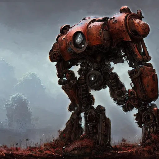 Prompt: a rusted mech with moss by eddie mendoza