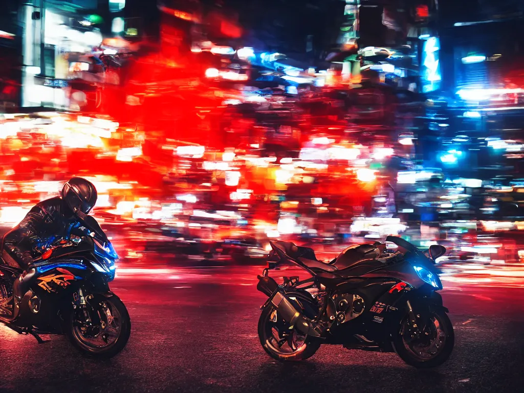 Image similar to a Photorealistic hyperdetailed hyper realistic dramatic moody Low angle night time close up render of biker speeding on a GSX R1000 in the middle of busy shibuya crossing Tokyo,multiple red and orange light trails by,Beautiful dramatic moody tones and lighting,cinematic atmosphere,photorealism,8K