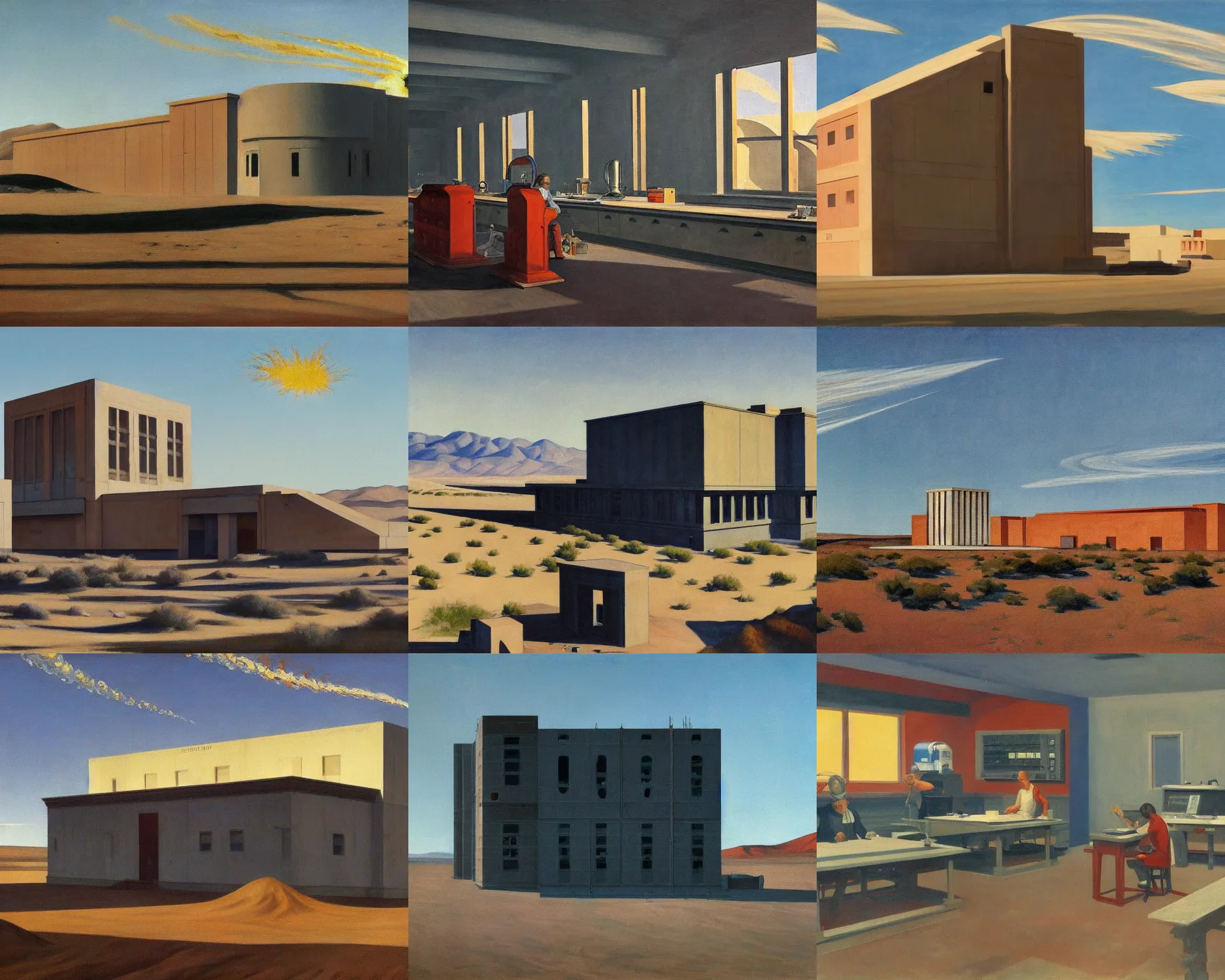 Prompt: a highly detailed painting by edward hopper of a mysterious government science lab exploding in the middle of the great basin desert, built to research super powers. it has sat abandoned since the mid - 1 9 7 0 s. brutalist architecture.