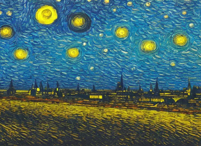 Prompt: painting of a ufo sighting above a city at dusk, in the style of vincent van gogh and edward hopper