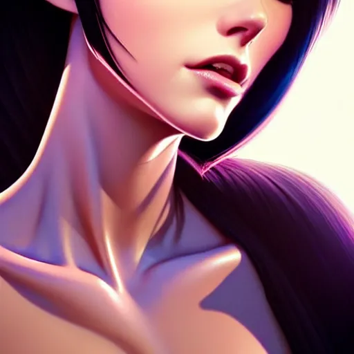 Image similar to kim beckinsale in shock, occlusion shadow, specular reflection, rim light, unreal engine, range murata, artstation, pinterest, art by hiroaki samura and ilya kuvshinov and rossdraws, intricate, highly detailed 8 k, art deco illustration, realistic, extremely beautiful shape of face, neck, shoulders eyes