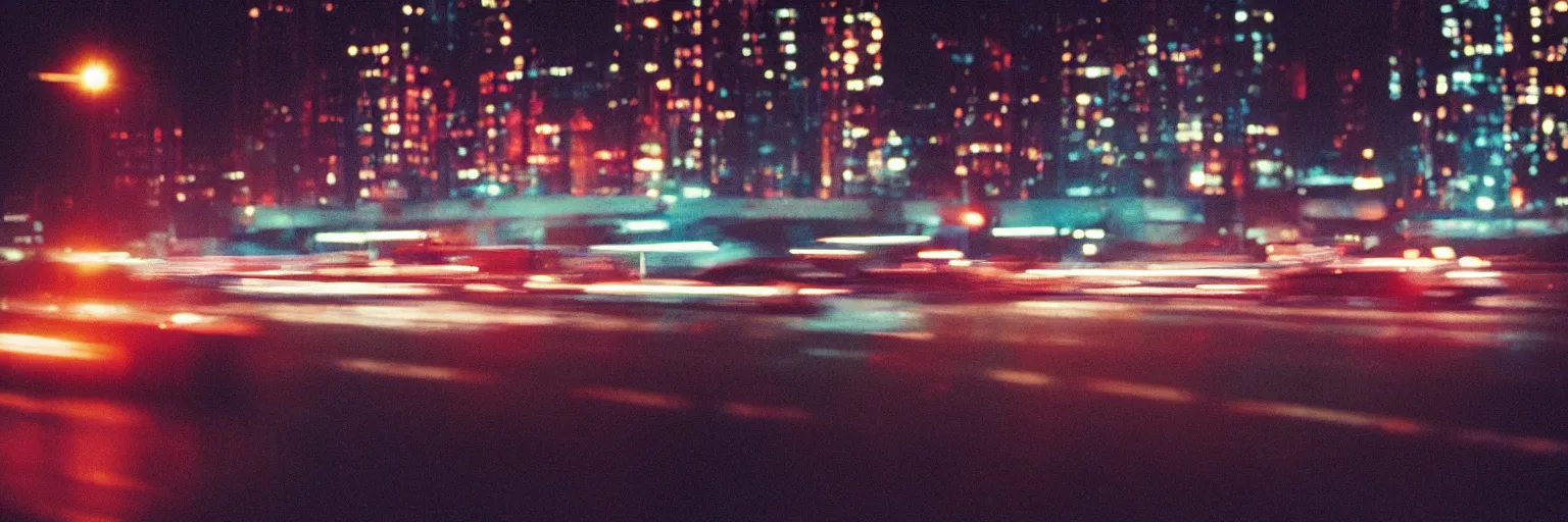 Prompt: 8 0 s neon movie still, high speed blurred traffic by the river with city in background, medium format color photography, movie directed by kar wai wong, hyperrealistic, photorealistic, high definition, highly detailed, tehnicolor, anamorphic lens