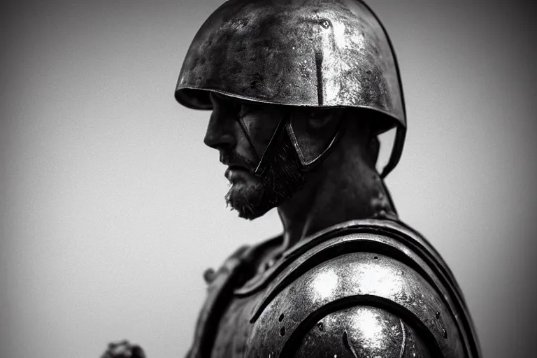 Image similar to still photo of 1 st century war man looking at the camera in a battlefield, black and white color aesthetic, highly detailed, photorealistic portrait, bright studio setting, studio lighting, crisp quality and light reflections, unreal engine 5 quality render