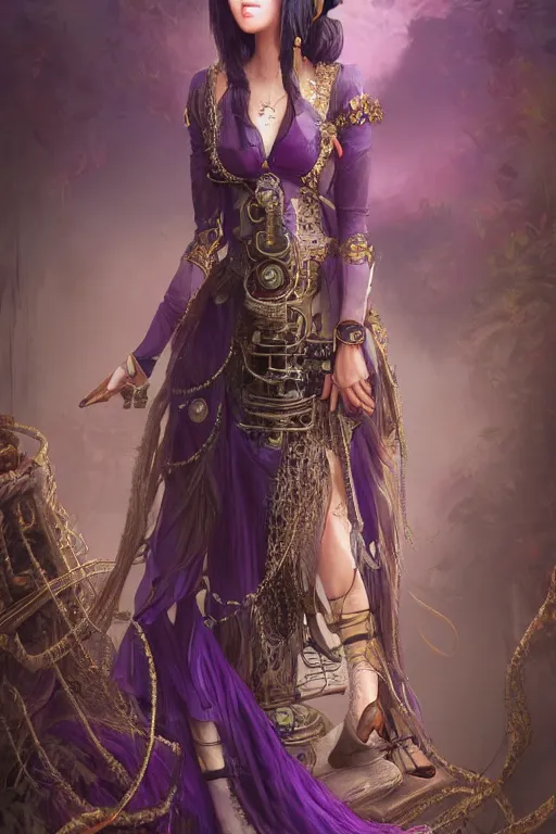 Image similar to photorealistic soft paint of absurdities and curiosities, single very beautiful asian princess full long dress, ultra deep fog, purple black lustrous thin haircut, partial symmetry accurate features, focus, very intricate ultrafine details, award winning masterpiece, steampunk world, ross tran