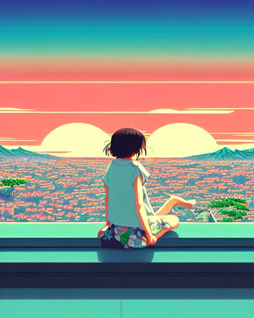 Image similar to detailed aesthetic vaporwave illustration of a girl sitting on the rooftop anime digital art award winning scenery cinematic scene sunset in japan by studio ghibli